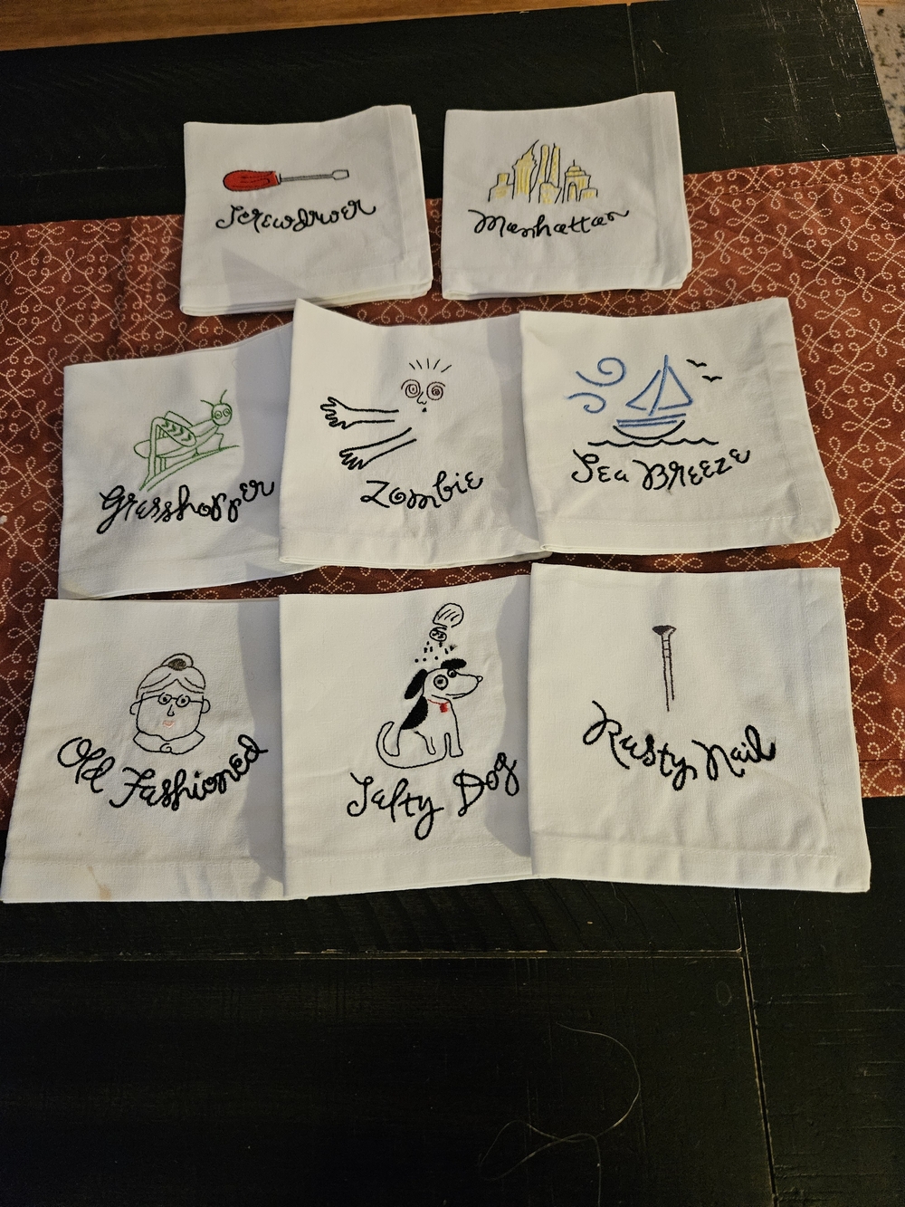 Embroidered Cocktail Napkin Set – White with Multi-Color Designs